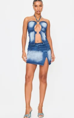 Online PrettyLittleThing Keyhole Detail Halterneck Denim Top Bleach Wash