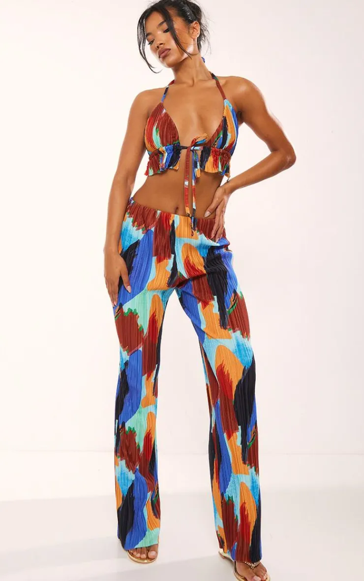 Best PrettyLittleThing Abstract Print Plisse High Waist Wide Leg Pants Blue