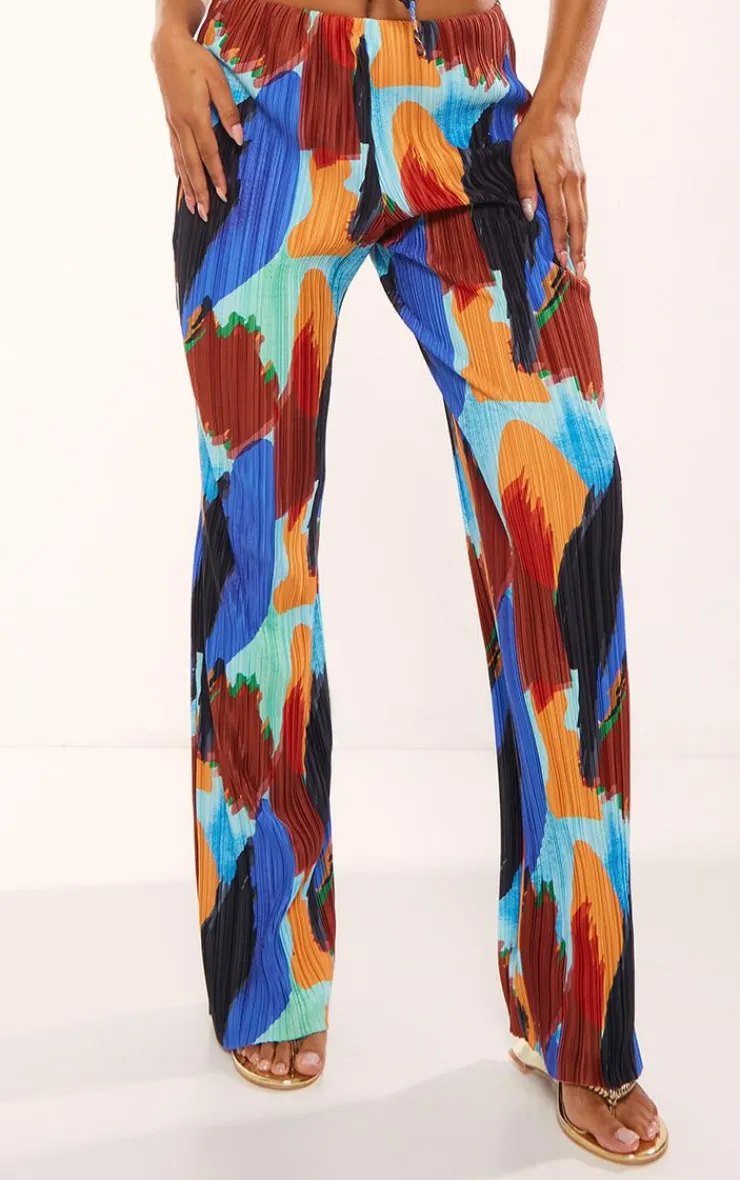 Best PrettyLittleThing Abstract Print Plisse High Waist Wide Leg Pants Blue