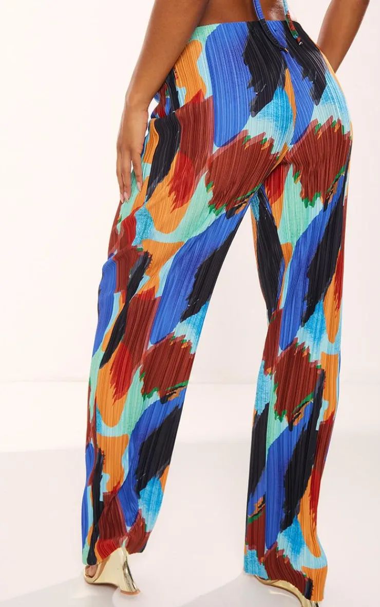 Best PrettyLittleThing Abstract Print Plisse High Waist Wide Leg Pants Blue