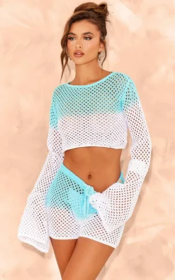 Best PrettyLittleThing Ombre Crochet Flared Sleeve Crop Top Blue and White
