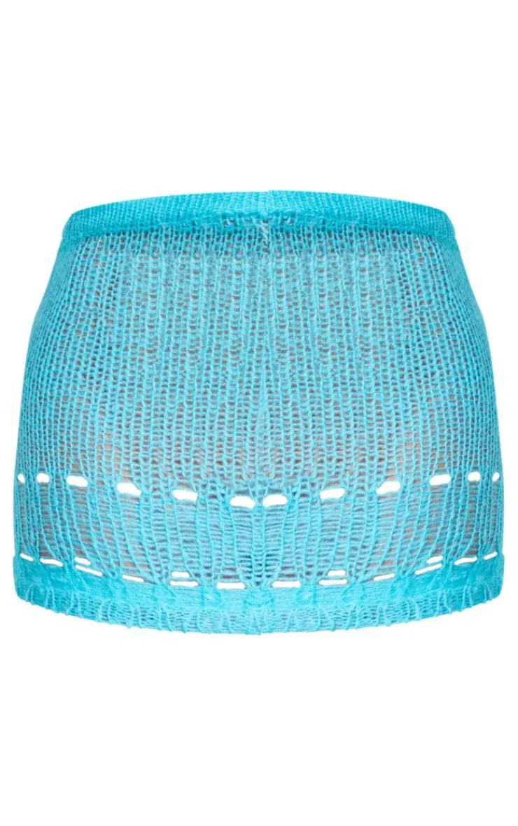 Discount PrettyLittleThing Distressed Open Knit Mini Skirt Blue