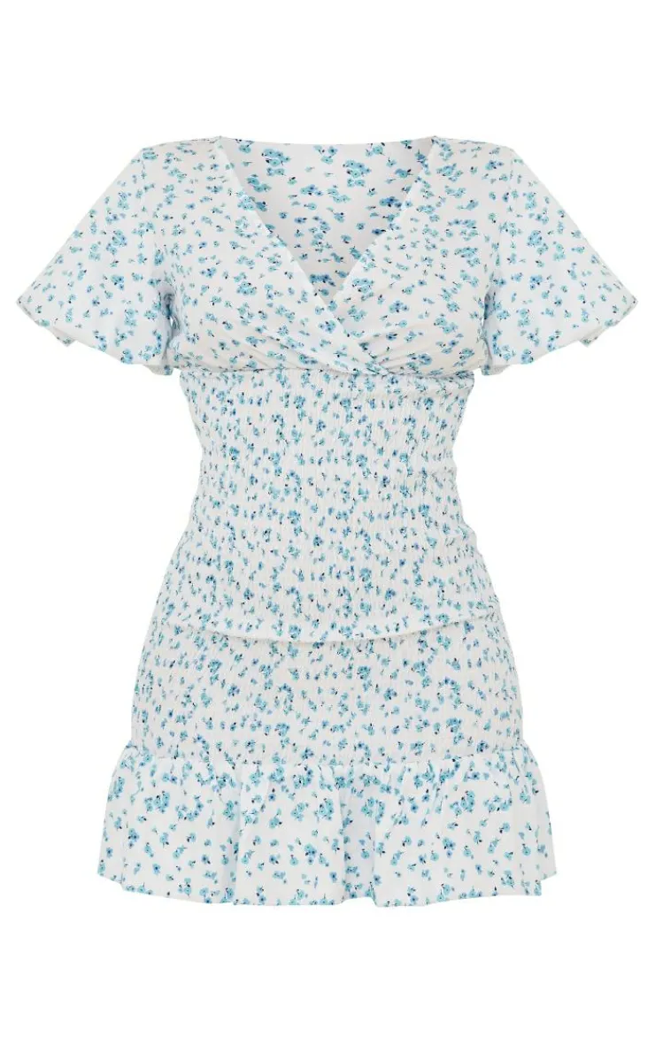 Ditsy Floral Print Shirred V Neck Bodycon Dress-PrettyLittleThing Sale