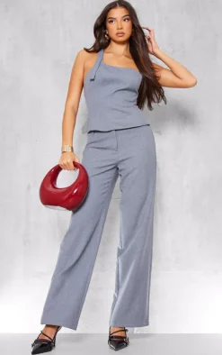 New PrettyLittleThing Woven Tailored One Shoulder Long Top Blue Grey
