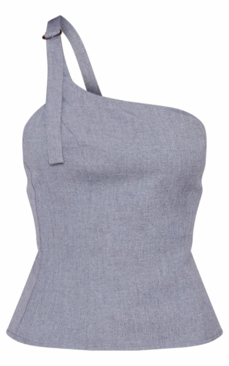 New PrettyLittleThing Woven Tailored One Shoulder Long Top Blue Grey