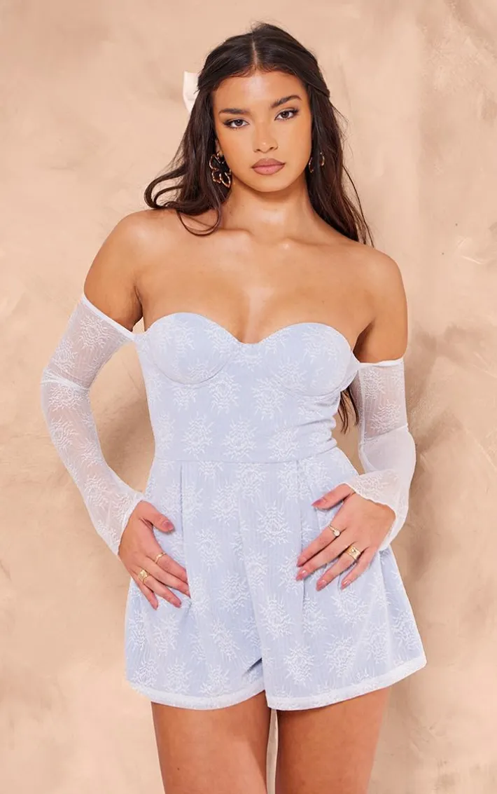 Blue Lace Bardot Sleeve Pintuck Romper