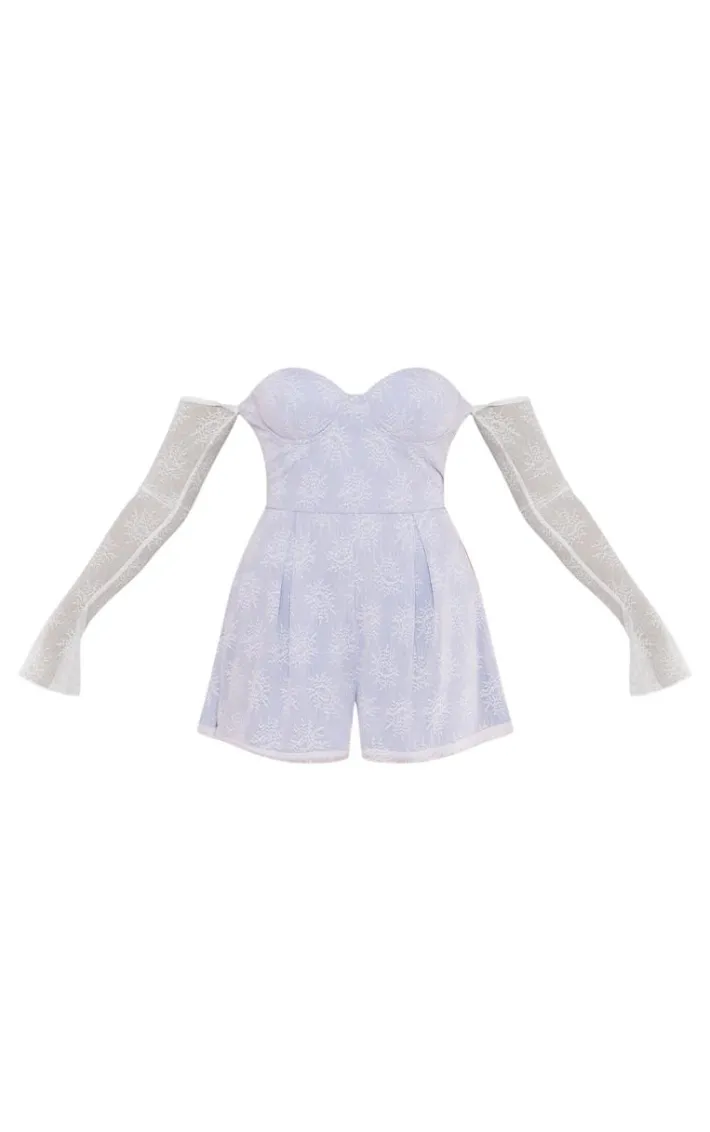 Blue Lace Bardot Sleeve Pintuck Romper