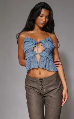 PrettyLittleThing Sleeveless Tops*Lace Ruffle Double Tie Strappy Top