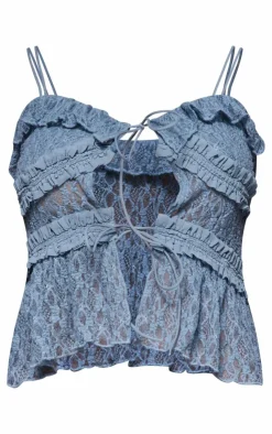 PrettyLittleThing Sleeveless Tops*Lace Ruffle Double Tie Strappy Top