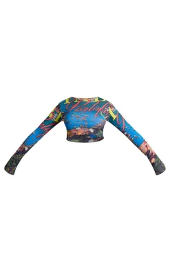 Blue Landscape Graphic Flared Sleeve Crop Top