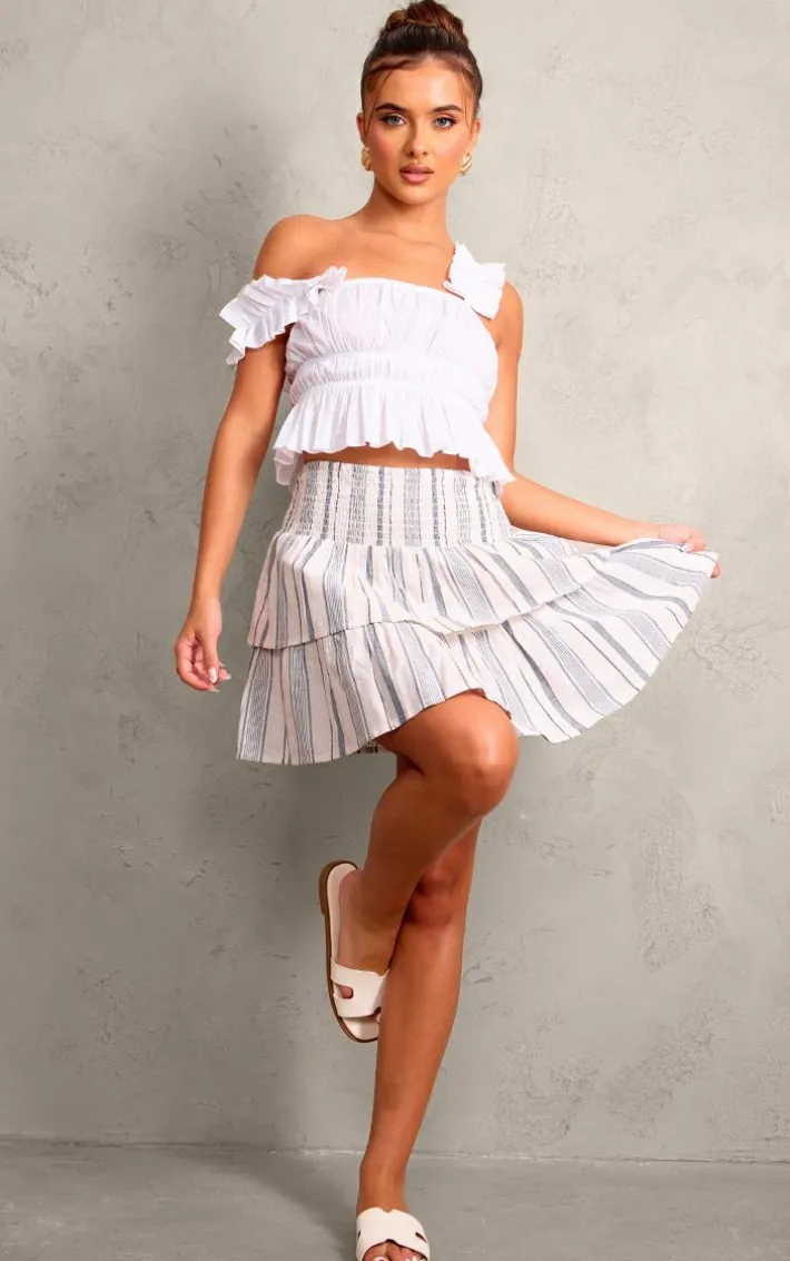 Blue Linen Look Stripe Shirred Waist Tiered Mini Skirt