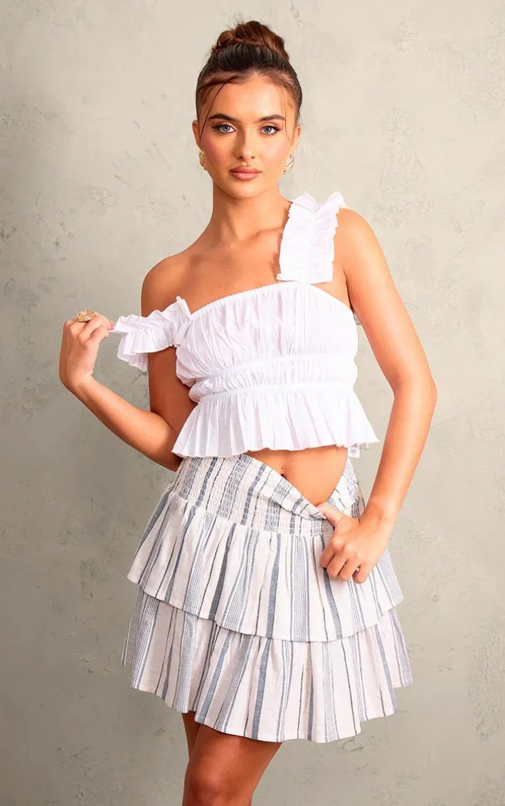 Blue Linen Look Stripe Shirred Waist Tiered Mini Skirt