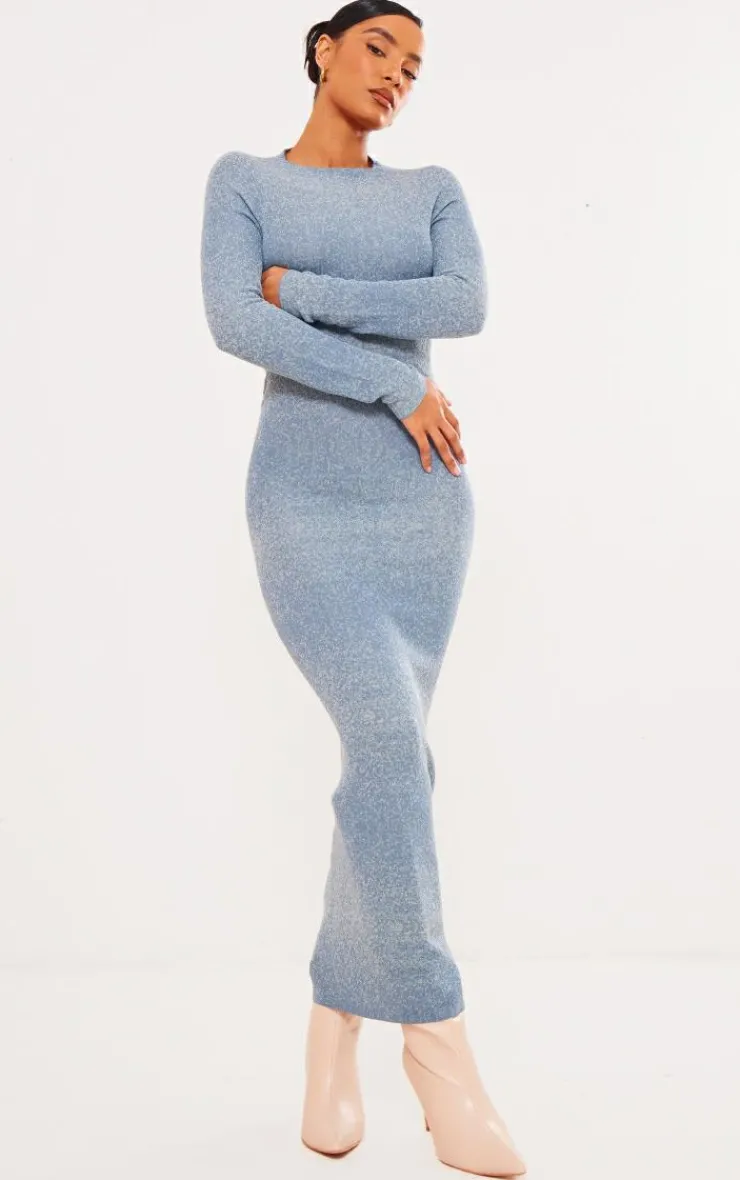 Marl Knit Long Sleeve Open Back Maxi Dress-PrettyLittleThing Sale