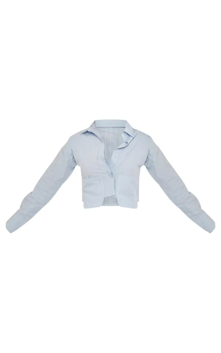 New PrettyLittleThing Poplin Pinstripe Pocket Detail Cropped Shirt Blue