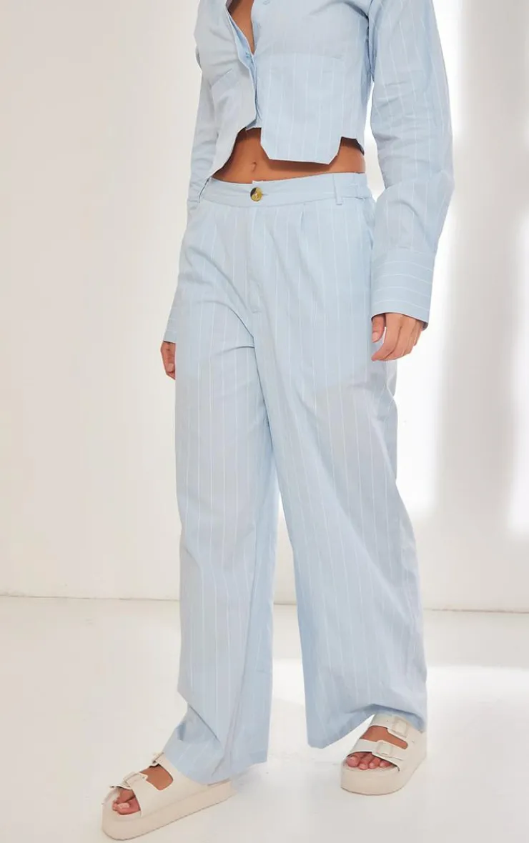 Discount PrettyLittleThing Poplin Pinstripe Tailored Wide Leg Pants Blue