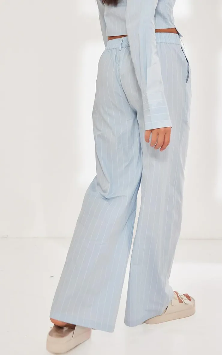 Discount PrettyLittleThing Poplin Pinstripe Tailored Wide Leg Pants Blue