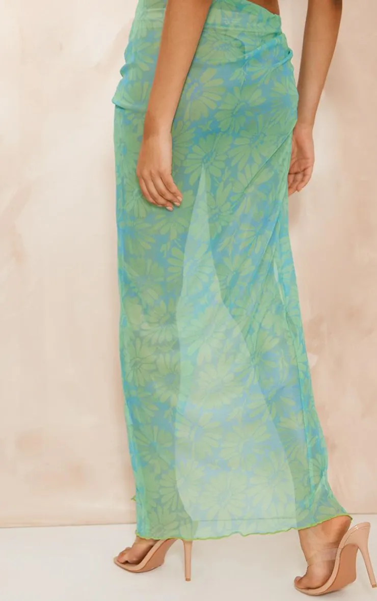 Discount PrettyLittleThing Print Sheer Mesh Twist Front Midaxi Skirt Blue