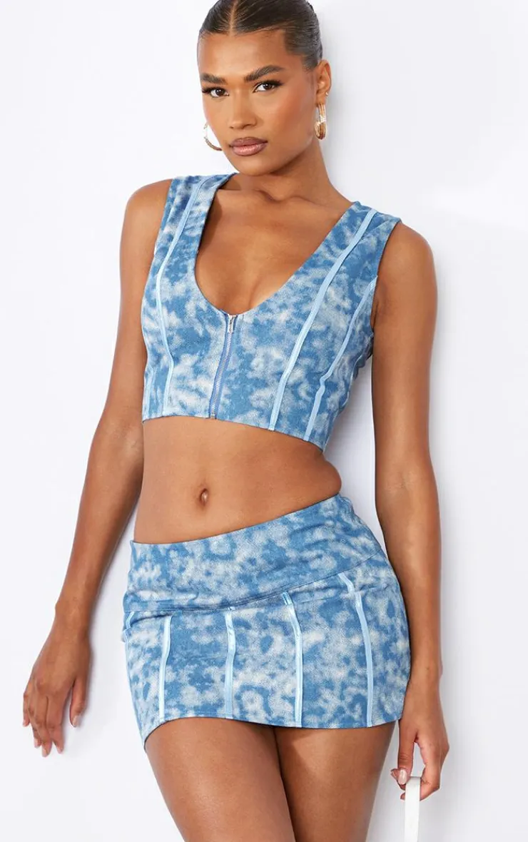 Outlet PrettyLittleThing Print Washed Twill Zip Up Corset Blue