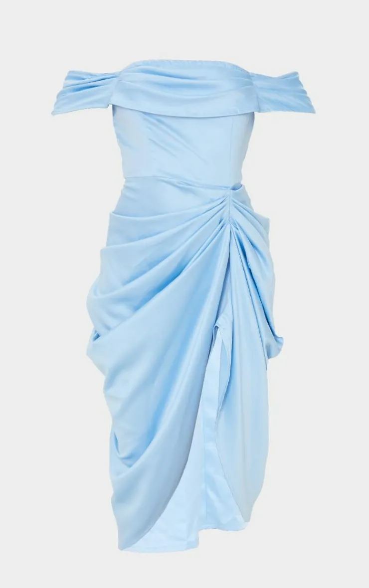 Satin Draped Bardot Midi Dress-PrettyLittleThing
