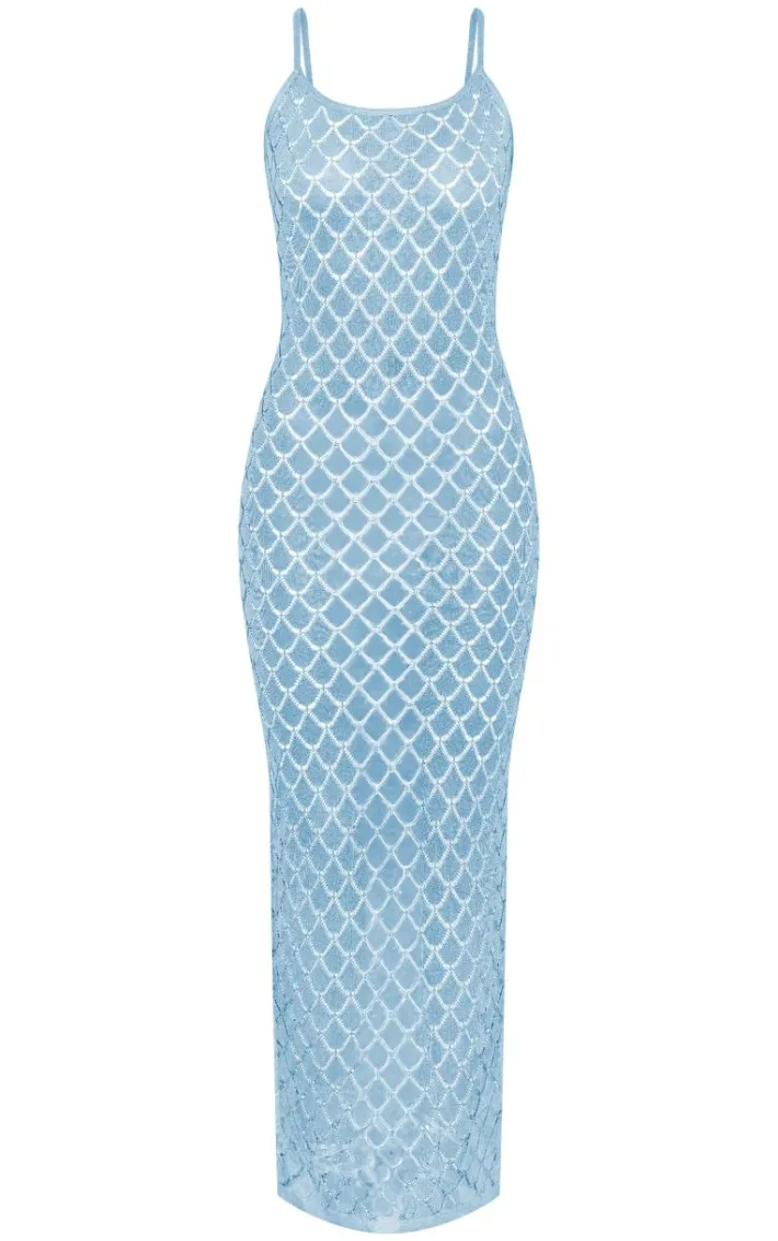 Blue Sheer Glitter Knit Strappy Maxi Dress