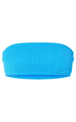 Blue Shirred Bandeau Bikini Top