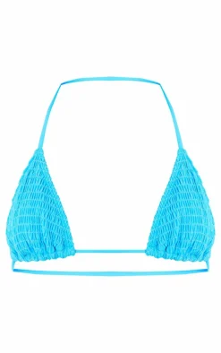 Blue Shirred Triangle Bikini Top