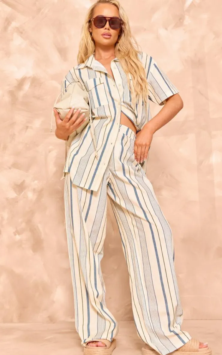 Discount PrettyLittleThing Stripe Linen Look High Waisted Tailored Pants Blue