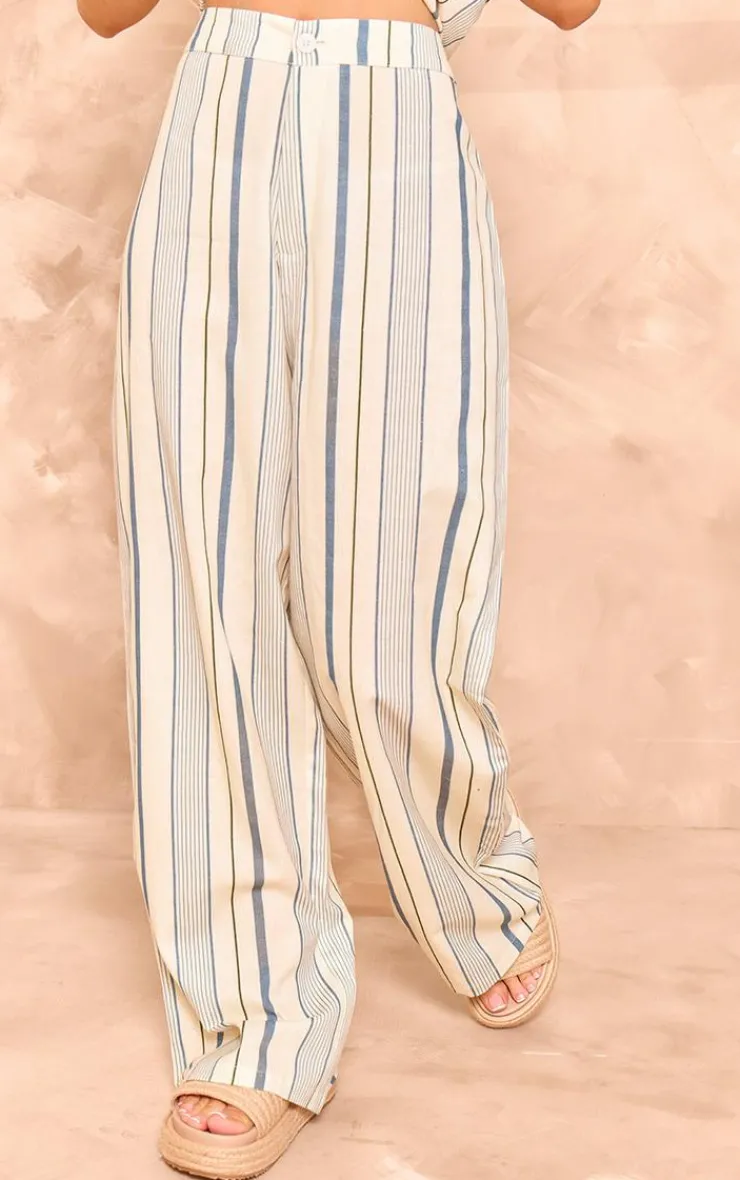 Discount PrettyLittleThing Stripe Linen Look High Waisted Tailored Pants Blue
