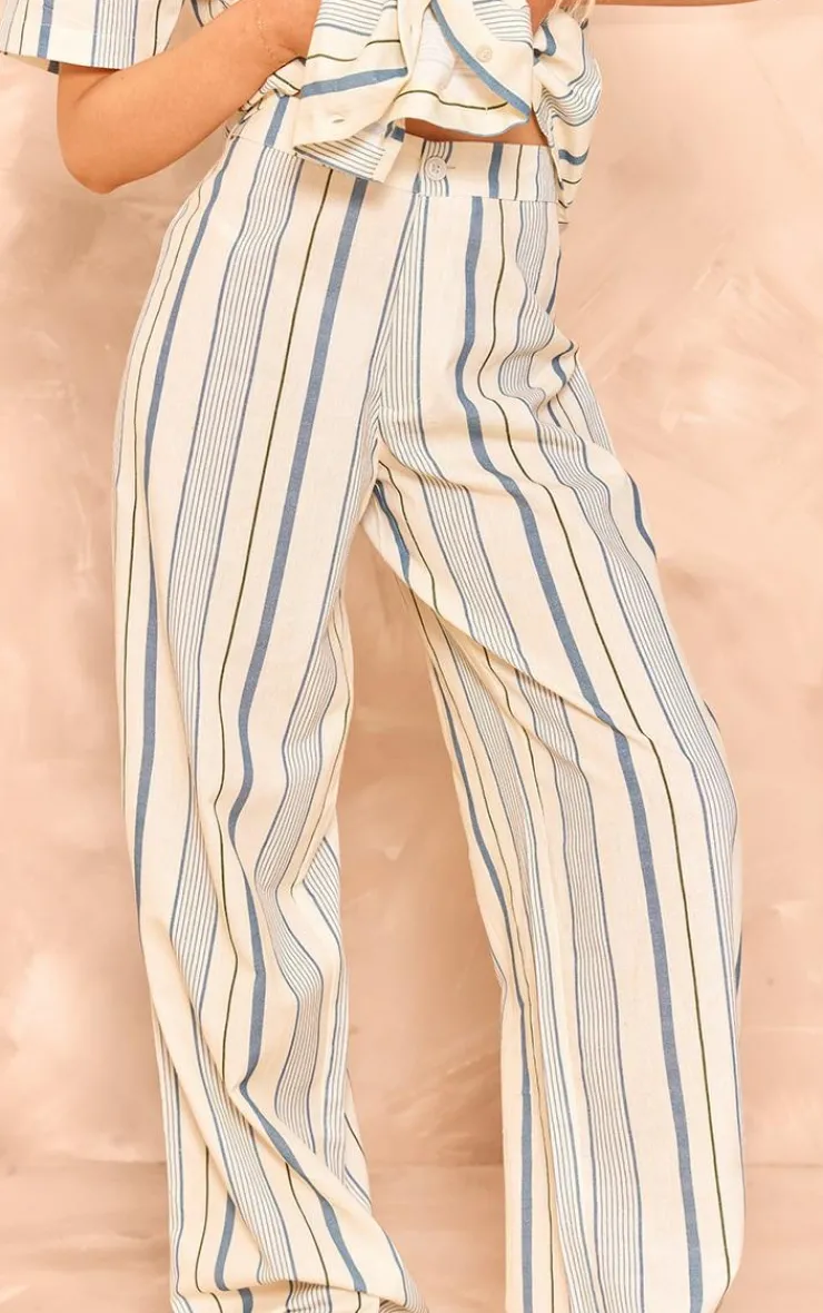 Discount PrettyLittleThing Stripe Linen Look High Waisted Tailored Pants Blue