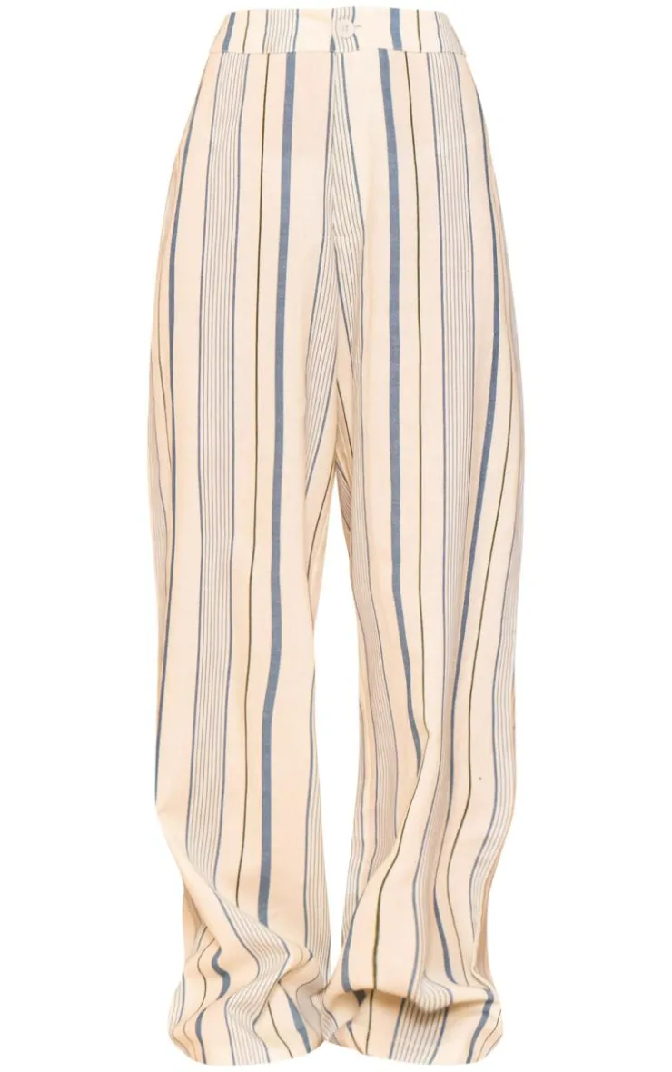 Discount PrettyLittleThing Stripe Linen Look High Waisted Tailored Pants Blue