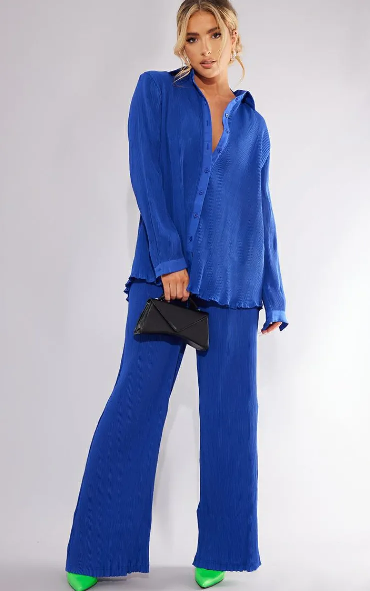 PrettyLittleThing Plisse High Waisted Wide Leg Pants Bright Blue
