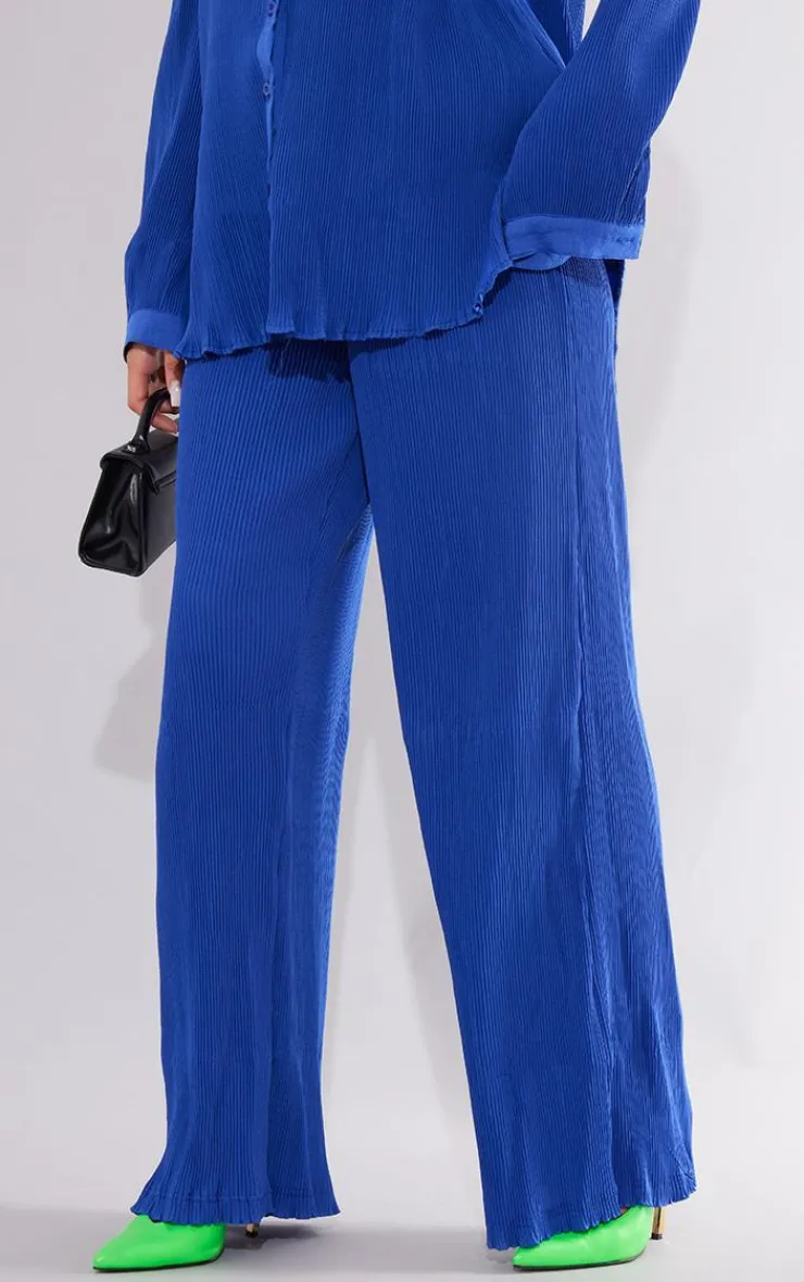 PrettyLittleThing Plisse High Waisted Wide Leg Pants Bright Blue