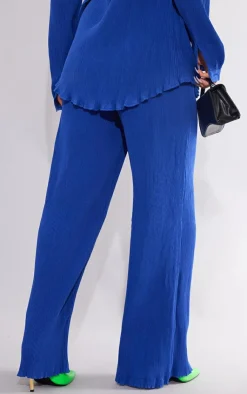 PrettyLittleThing Plisse High Waisted Wide Leg Pants Bright Blue