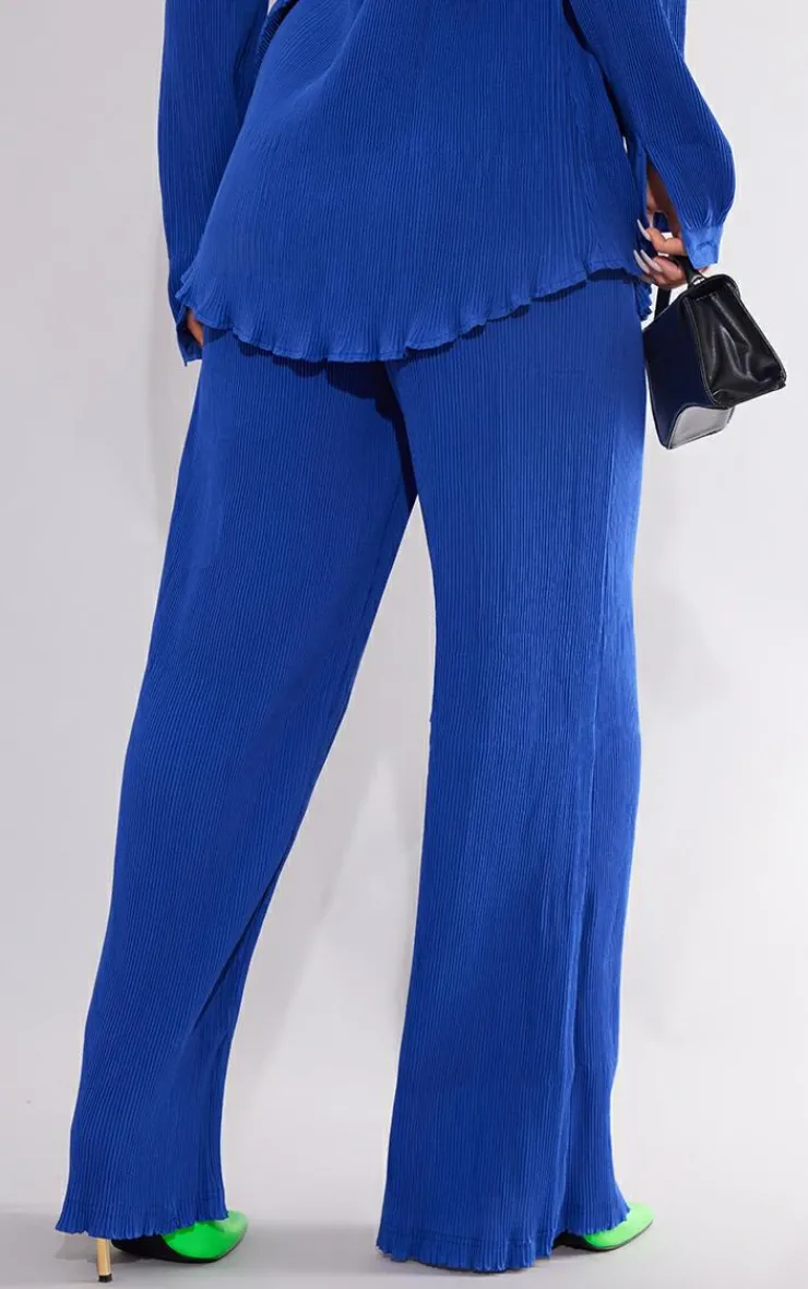 PrettyLittleThing Plisse High Waisted Wide Leg Pants Bright Blue