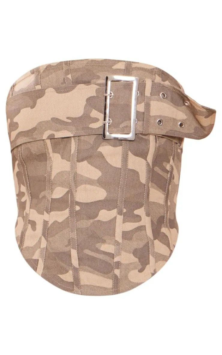 Online PrettyLittleThing Camo Buckle Detail Denim Bandeau Top Brown