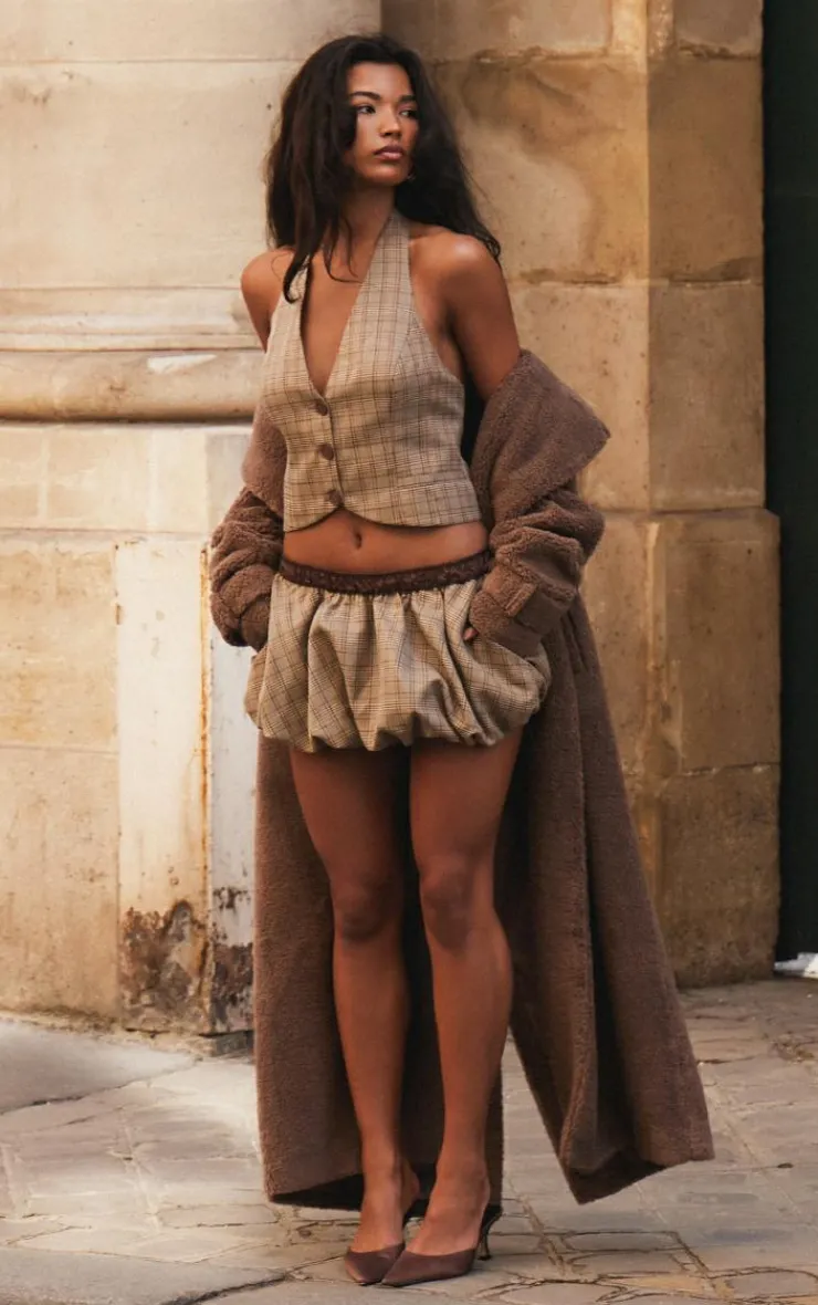 PrettyLittleThing Check Woven Tailored Puff Ball Waistband Skirt Brown