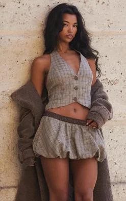 PrettyLittleThing Check Woven Tailored Puff Ball Waistband Skirt Brown