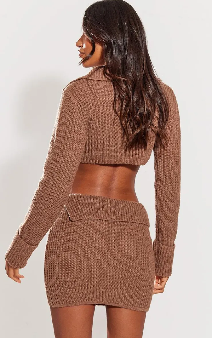Discount PrettyLittleThing Chunky Knit Chain Cropped Cardigan Brown