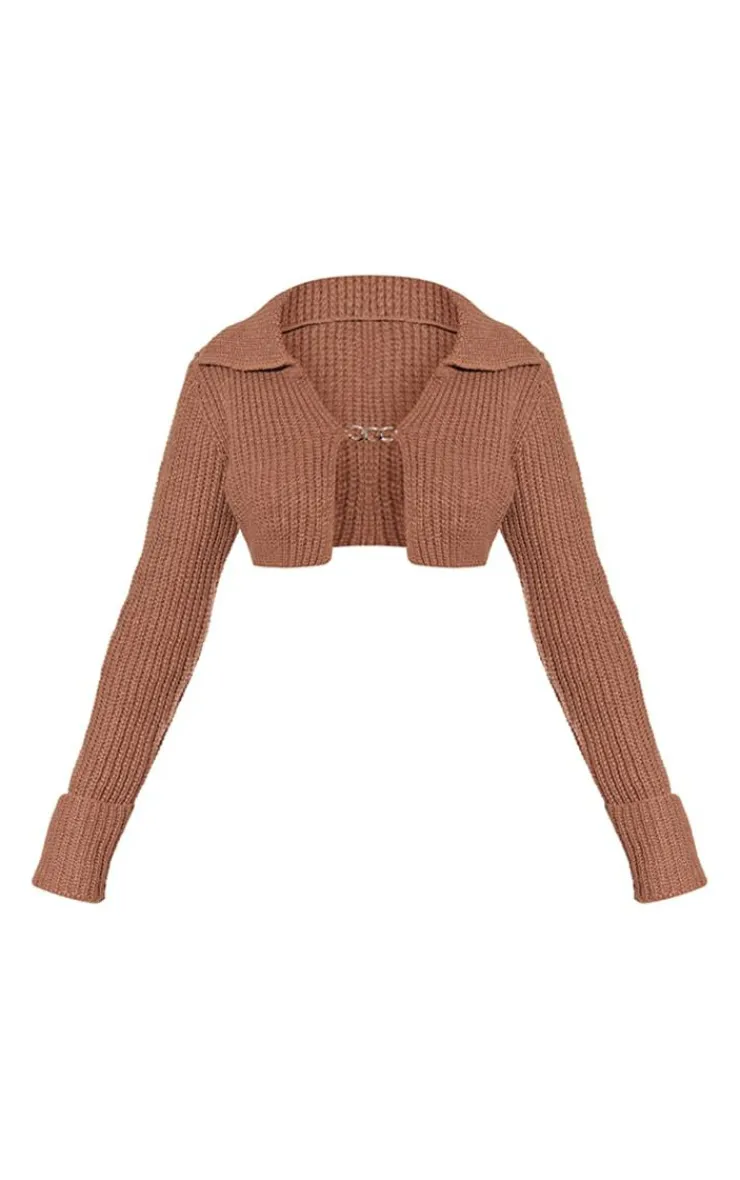 Discount PrettyLittleThing Chunky Knit Chain Cropped Cardigan Brown