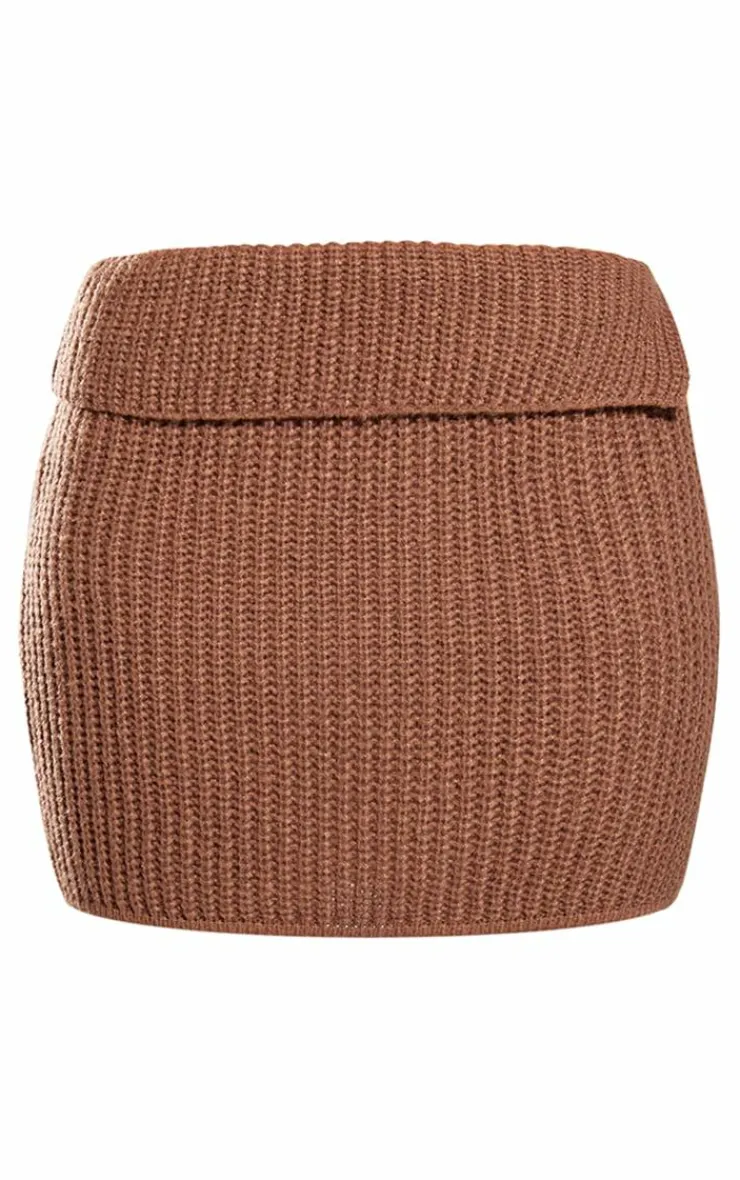 Discount PrettyLittleThing Chunky Knit Fold Over Mini Skirt Brown