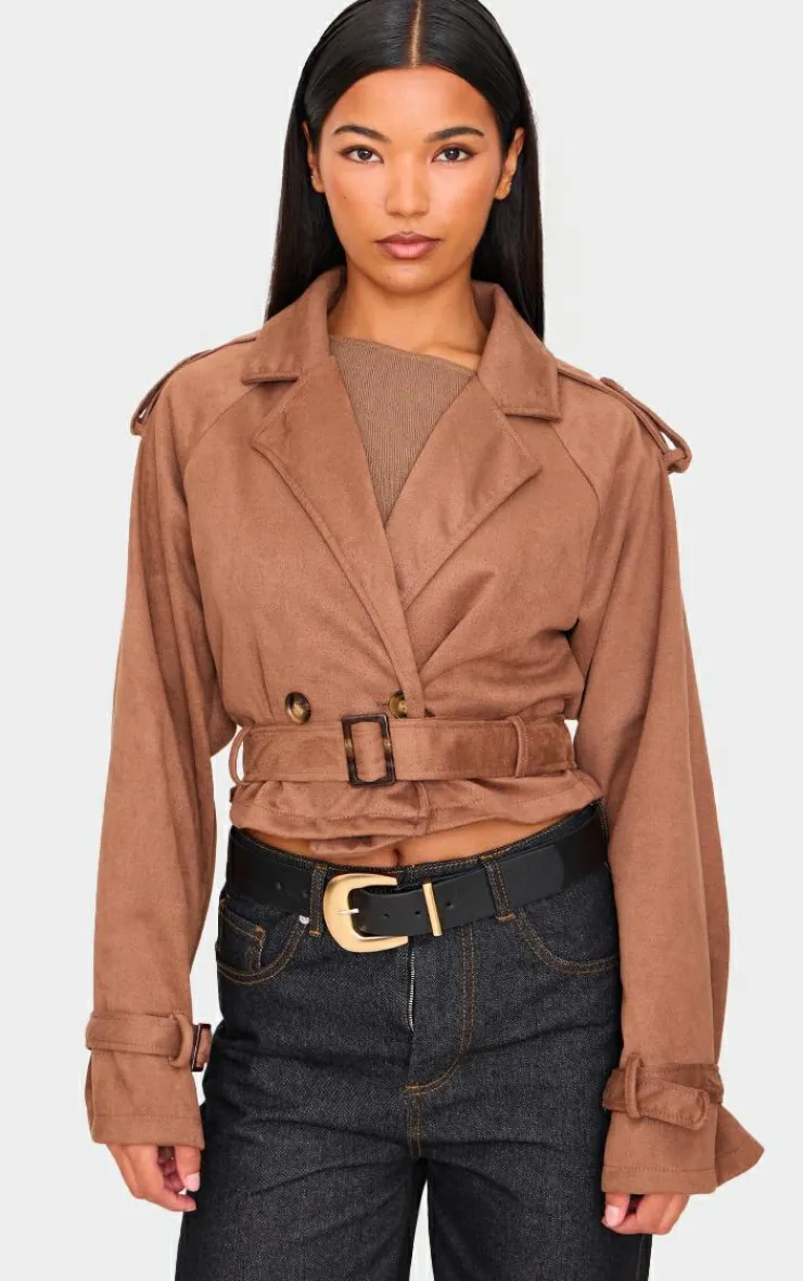PrettyLittleThing Trench Coats*Cropped Faux Suede Belted Trench Coat