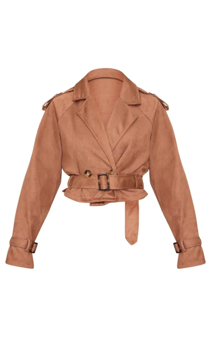 PrettyLittleThing Trench Coats*Cropped Faux Suede Belted Trench Coat