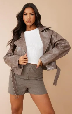 PrettyLittleThing Faux Leather Jackets*Distressed Faux Leather Relaxed Fit Belted Biker Jacket