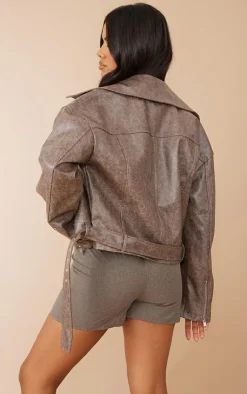 PrettyLittleThing Faux Leather Jackets*Distressed Faux Leather Relaxed Fit Belted Biker Jacket