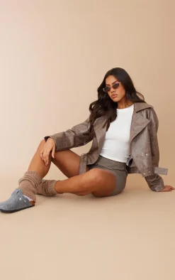 PrettyLittleThing Faux Leather Jackets*Distressed Faux Leather Relaxed Fit Belted Biker Jacket