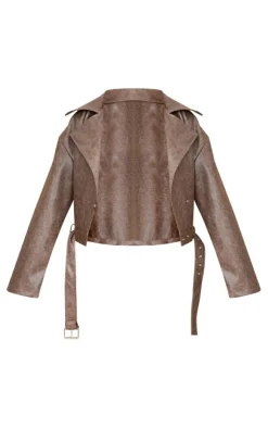 PrettyLittleThing Faux Leather Jackets*Distressed Faux Leather Belted Relaxed Fit Biker Jacket