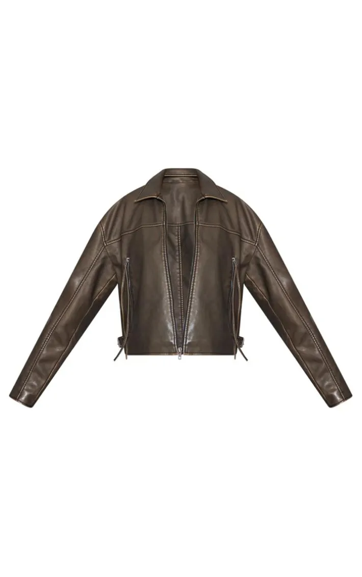 Brown Distressed Look Zip Boxy Trim Detail Biker Jacket