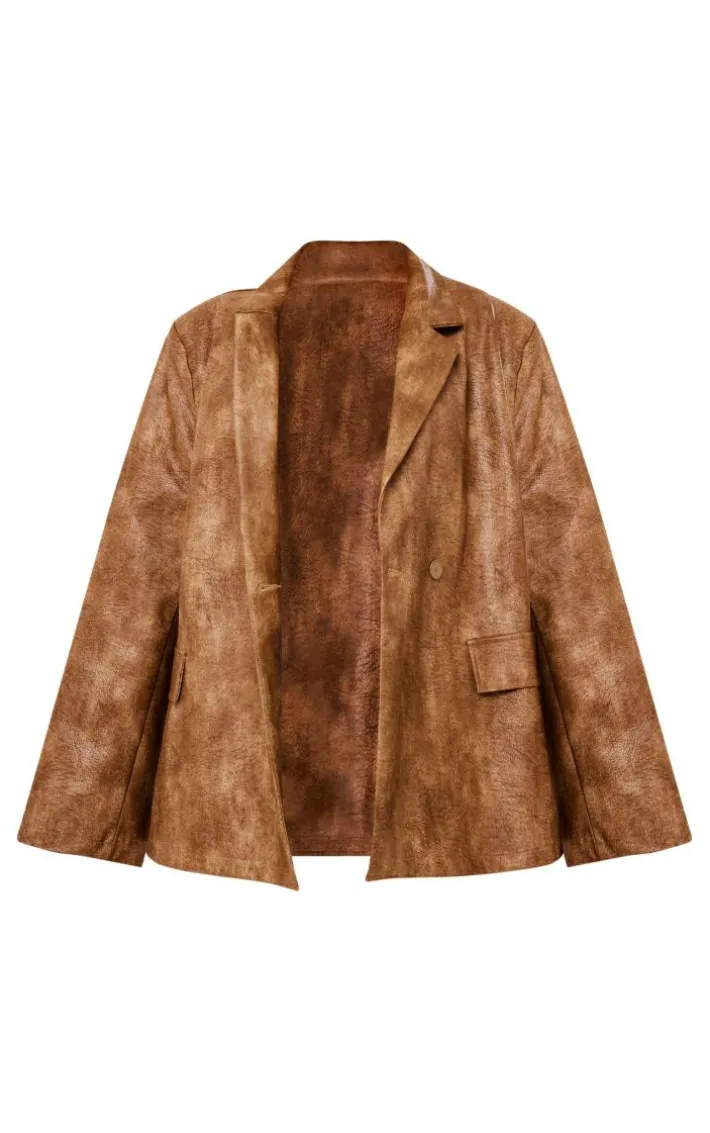 Brown Distressed PU Oversized Shoulder Pad Blazer