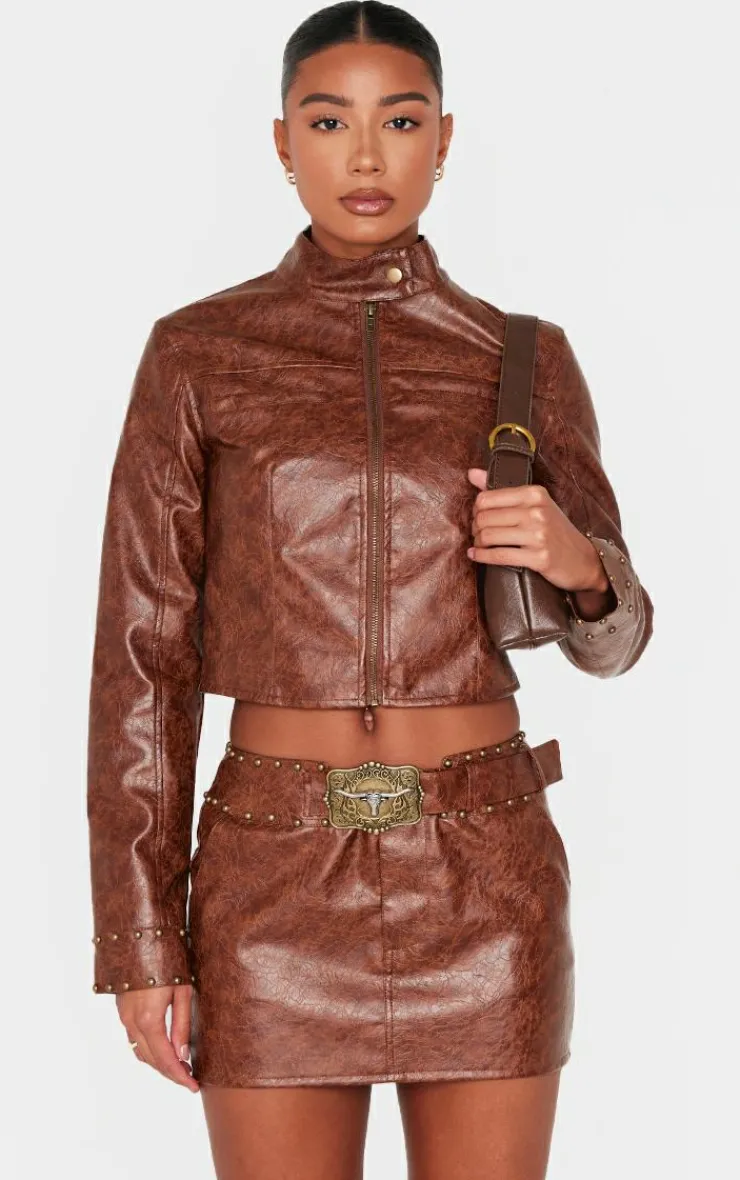 Online PrettyLittleThing Faux Leather Tie Detail Studded Biker Jacket Brown