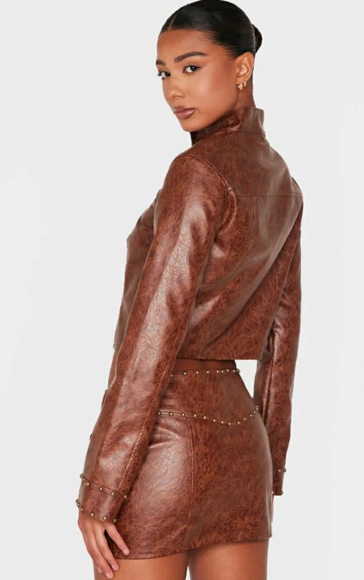 Online PrettyLittleThing Faux Leather Tie Detail Studded Biker Jacket Brown